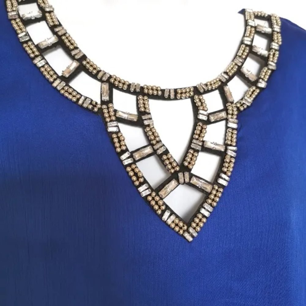 Vintage 80's Royal Blue and Crystals and beaded party blouse  top size S - Picture 3 of 6